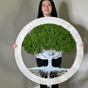 Round Wooden Wall Art with Green Tree Design From Real Preserved Moss.